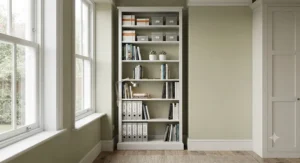 Narrow white bookshelf fitted neatly into a compact alcove, maximising vertical storage space in a small study.