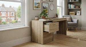 Contemporary oak-effect office storage cabinet blending seamlessly with interior decor.