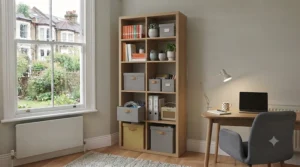Versatile cube shelving unit paired with fabric storage boxes to keep cables and stationery neatly out of sight.
