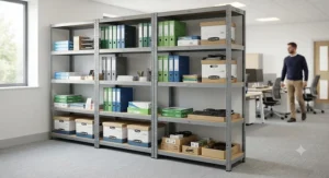 Durable grey powder-coated heavy duty shelving neatly organising files in a professional administrative office.