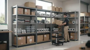 Growing business inventory neatly organised on an expandable modular shelving system that adapts to changing storage needs.