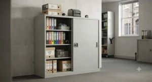Secure lockable sliding door cabinet for office compliance and GDPR data storage.