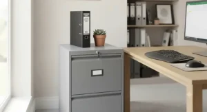 Secure, lockable office storage cabinet ideal for organising paperwork and stationery securely.