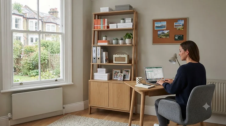 Compact wooden shelving unit styled in a contemporary British home office, offering practical storage for folders and stationery. shelving unit for small office