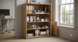 Adjustable interior shelving inside a sliding door cabinet for office stationery.