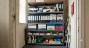 Tall heavy duty office storage shelving maximising vertical space in a compact workplace stationery cupboard.