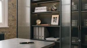 Meticulously styled glass-front bookcase with illuminated shelves featuring design books (Dieter Rams, Kinfolk), a brass clock, and a ceramic vessel with an air plant.