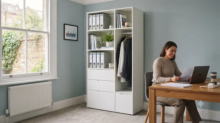 A modern tall storage cabinet for an office, featuring shelves and filing space in a contemporary British workspace. tall storage cabinet for office