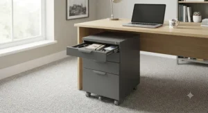 Compact under-desk mobile office storage pedestal with castors, providing quick access to daily stationery and essentials.