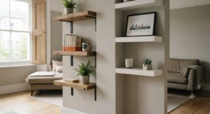 A stylish living room featuring a mix of wall-mounted bracketed shelving and minimalist floating shelves displaying books and British pottery.