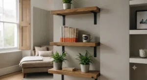 A sturdy timber wall-mounted shelf with metal brackets holding houseplants in a modern British apartment.