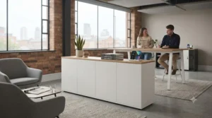 Low wooden office credenza used as a stylish room divider in a corporate workspace.