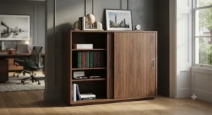 Executive wooden sliding door cabinet for office interiors and boardrooms.