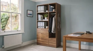 Traditional wooden tall storage cabinet for an office with a rich oak finish, providing secure archive storage.