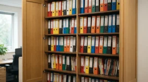 Close-up of the best office cupboard featuring adjustable internal shelving packed with folders