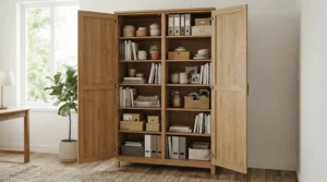 Comparison view showing the best office cupboard with traditional double swing doors open wide