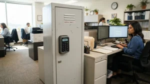 A highly rated best office cupboard with a secure locking mechanism storing confidential files