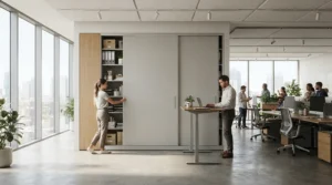 An illustration of the best office cupboard with sleek sliding doors in a contemporary London workspace