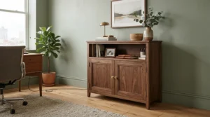 An elegant oak-finish best office cupboard positioned stylishly inside a smart executive boardroom