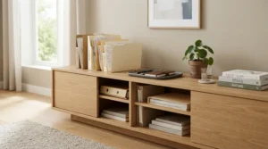 A compact cupboard for small office space holding folders and stationery