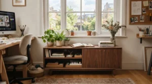 A compact office cupboard for storage maximising space in a small Manchester design studio.