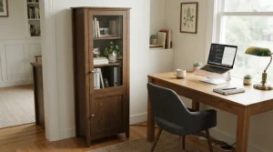 A white cupboard for small office space neatly fitted into a tight box room corner