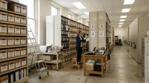 Storage efficiency analysis with a glass door cabinet vs sliding door cabinet in an archive.