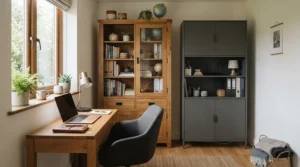 A display vs space saving cabinet comparison featuring a glass door cabinet vs sliding door cabinet.