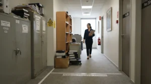 Demonstrating clearance requirements for a glass door cabinet vs sliding door cabinet in a hallway.