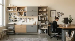 An executive office interior comparing a glass door cabinet vs sliding door cabinet.