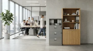 An office layout evaluating a glass door cabinet vs sliding door cabinet for staff storage.