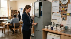 Teachers accessing a shared lockable cabinet for office staff room exam papers and grading sheets.