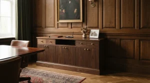 An executive lockable cabinet for office boardroom storing confidential financial reports and contracts.
