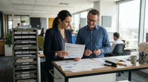 Accountants utilizing a heavy-duty lockable cabinet for office financial audit paperwork and ledgers.