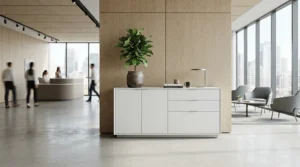A sleek lockable cabinet for office reception area holding visitor logs and corporate stationery securely.