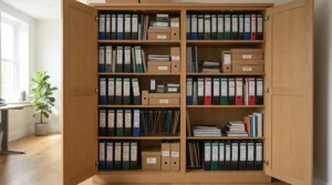 An organized lockable office cupboard storing spare keys and stationery supplies.