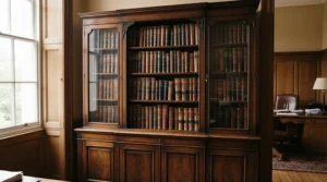A classic oak-finish lockable office cupboard protecting client contracts in a Birmingham law firm.