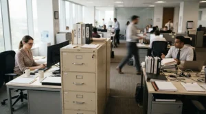 A white metal lockable office cupboard holding personnel files in a busy London admin room.