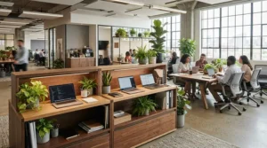 A wooden lockable office cupboard used for shared personal belongings in a Manchester coworking hub.