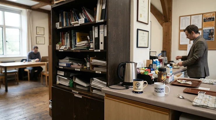 A tall black lockable office cupboard placed against the wall of a university staff room.