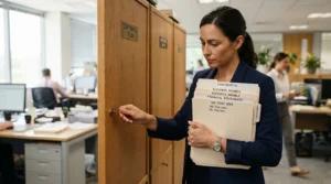 An employee locking a grey lockable office cupboard storing sensitive financial records.