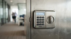 A modern lockable office cupboard featuring a digital keypad lock in a corporate boardroom.