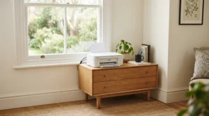 A low-profile cupboard for small office space with a printer placed on top
