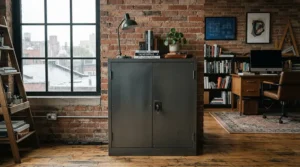 An industrial metal cupboard for small office space storing important paperwork