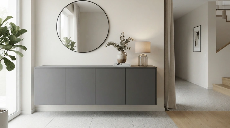 A modern grey cupboard for small office space blending into a minimalist decor