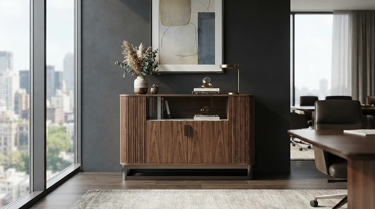 A modern office cupboard for storage blending seamlessly with executive boardroom interior design.