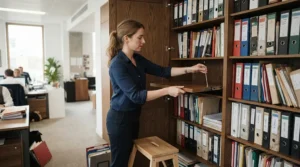 An office cupboard for storage featuring customizable shelving to organise paperwork in a busy London workplace.