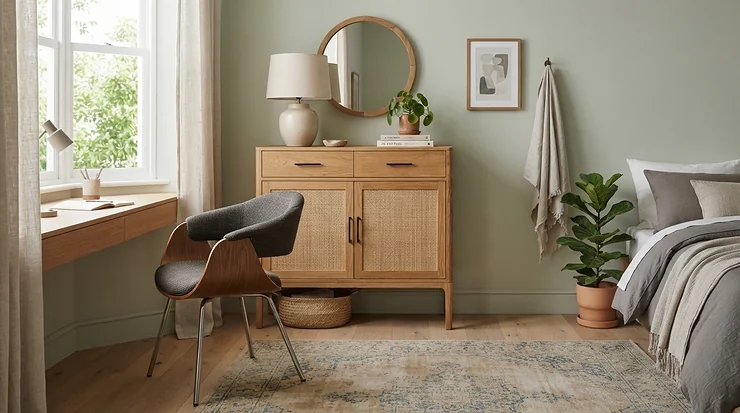 A sleek white office cupboard under £150 styled in a dual-purpose bedroom workspace