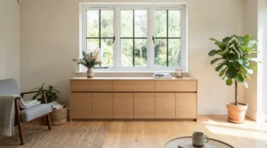 Office cupboards under £150 fitting snugly underneath a windowsill in a tight home office