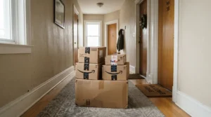 Flat-pack delivery boxes for office cupboards under £150 waiting in a hallway